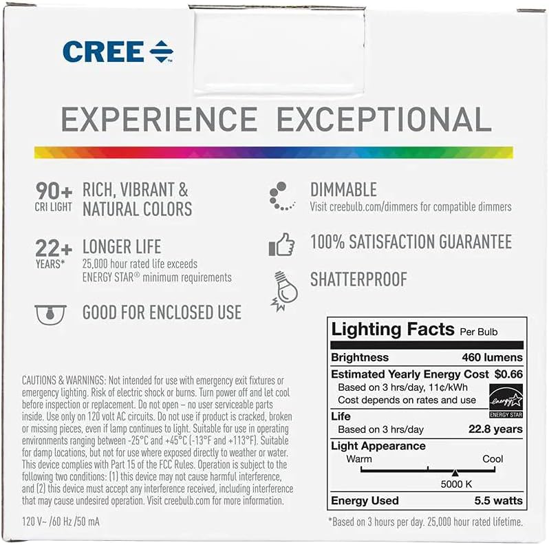 Cree Lighting Exceptional Series – Bombilla A19, bombilla LED regulable de 5000 K, 40 W + 460 lúmenes, luz diurna, paquete de 2
