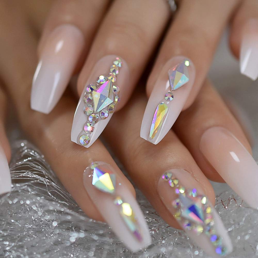 EchiQ – Uñas de lujo personalizadas con piedras grandes decoradas para uñas de lujo en forma de ataúd de color degradado, uñas naturales con