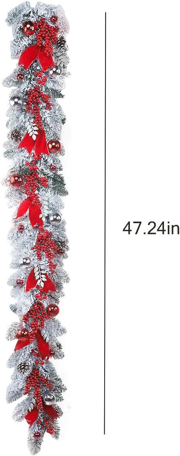 Guirnalda de Navidad artificial de 3.93 pies, corona de Navidad con cinta roja, ramo de bayas, bolas de Navidad y piñas, guirnalda de Navidad,