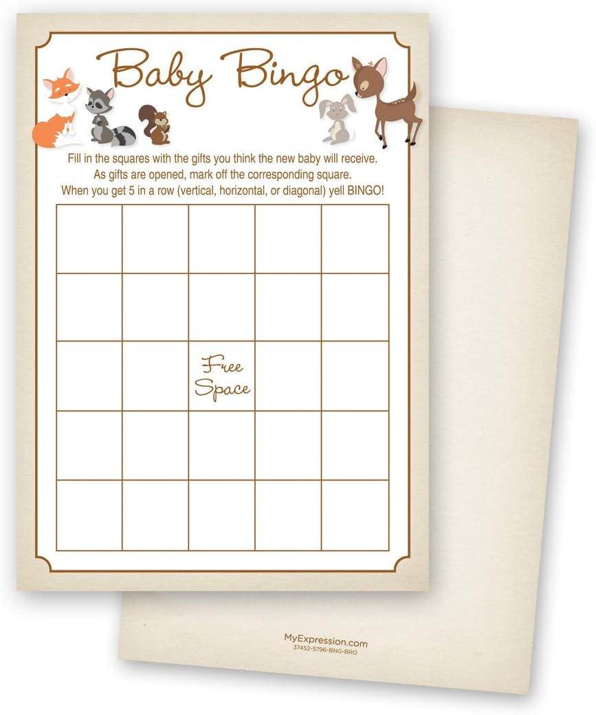 Tarjetas de bingo para baby shower de animales del bosque de 24 unidades