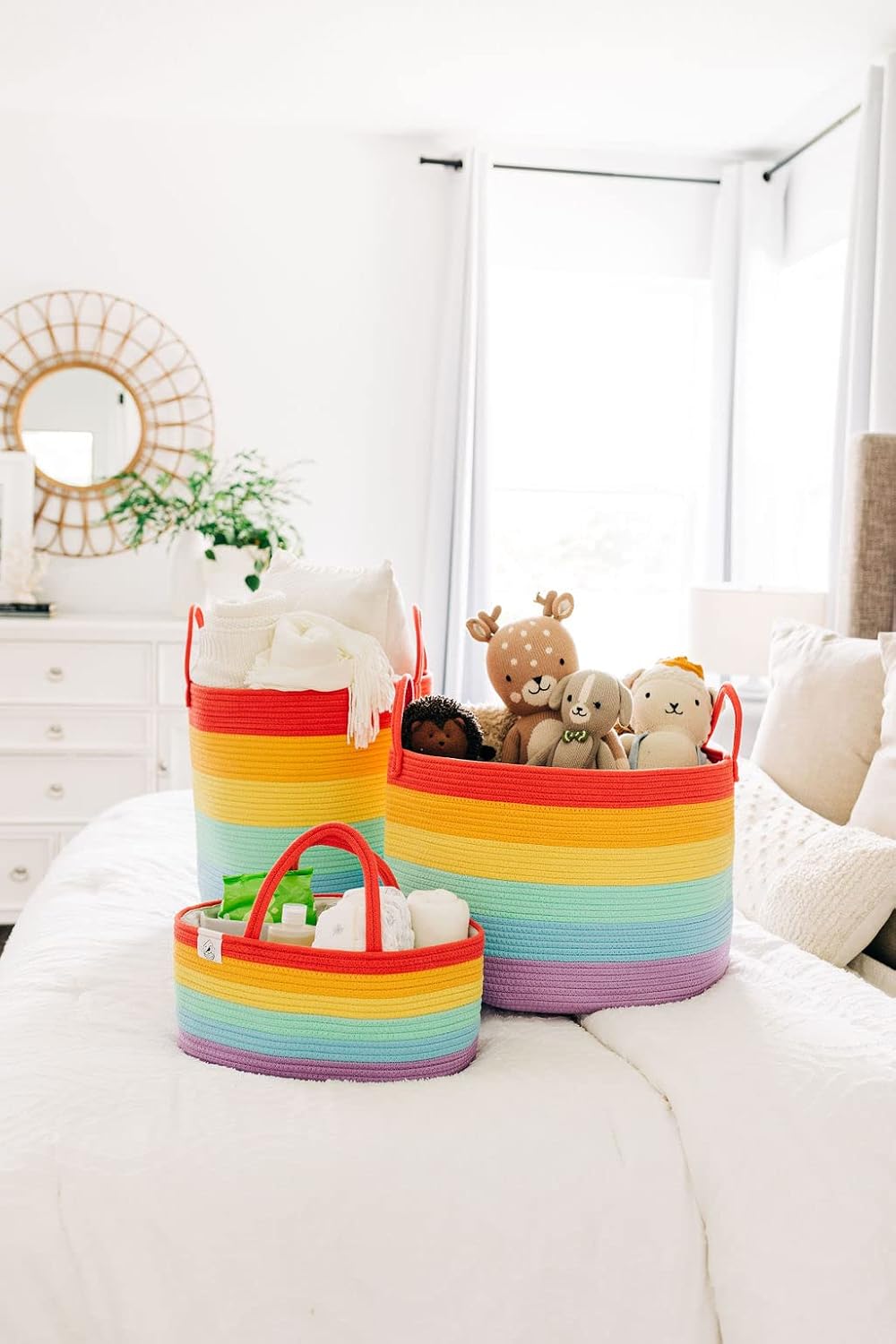 OrganiHaus Cesta de almacenamiento para sala de juegos para decoración de arcoíris de 15 x 18 pulgadas  Cesta alta para manta para sala de estar