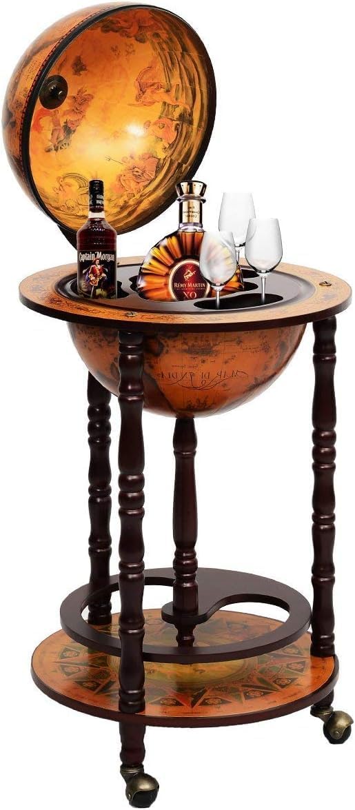 GOFLAME Wood Globe – Soporte para bar de vinos, estante italiano del siglo XVI, estante para botella de licor, gabinete de barra de globo con