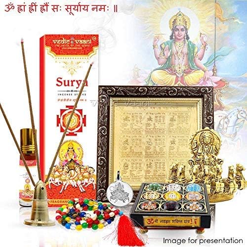 Vedic Vaani Dios Surya (Sol) Ravi Brass IdolSurya Graha (Planeta) Dosha Nivaran Mantra Yantra Jaap Navgraha Puja KitSurya Incienso & Medallón con