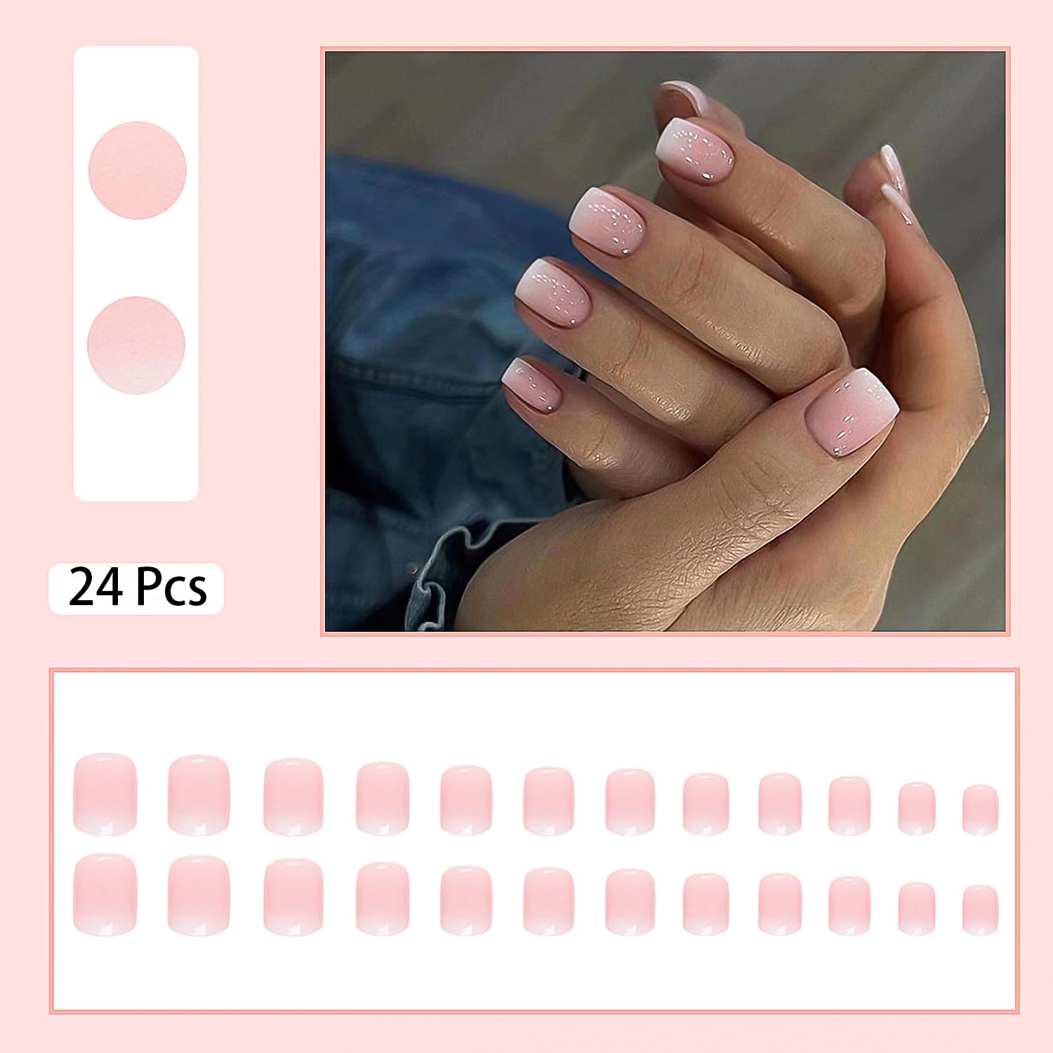 Uñas postizas francesas a presión, cuadradas, cortas, color rosa nude, con diseños brillantes, uñas acrílicas con pegamento en uñas de cobertura