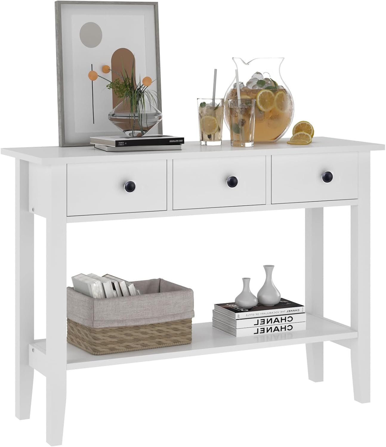 SogesHome Mesa consola de 2 niveles para entrada, mesa blanca para sofá, mesa de entrada con 3 cajones para sala de estar, pasillo, baño (39.37