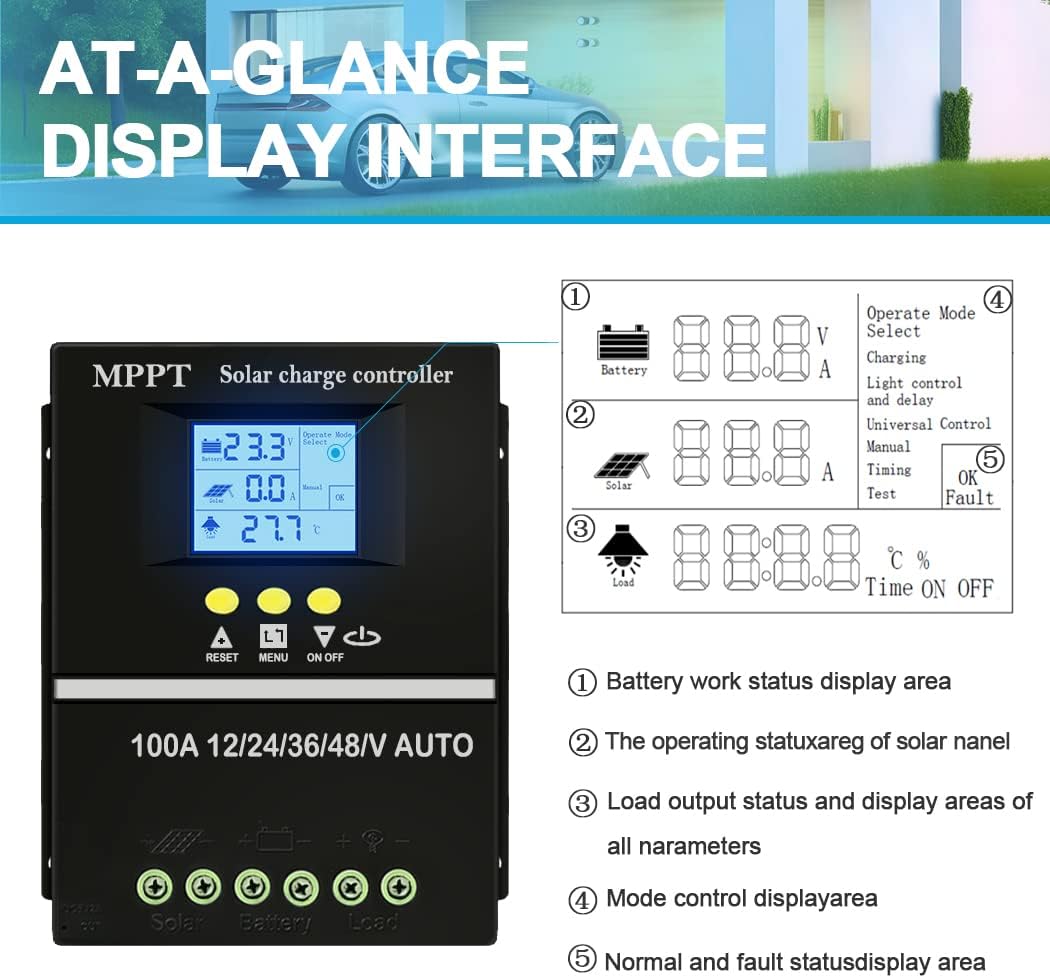 Y&H Controlador de carga solar MPPT 80A 12V 24V 36V 48V Pantalla LCD Batería Regulador inteligente Max 100V Entrada USB dual para plomo-ácidolitio
