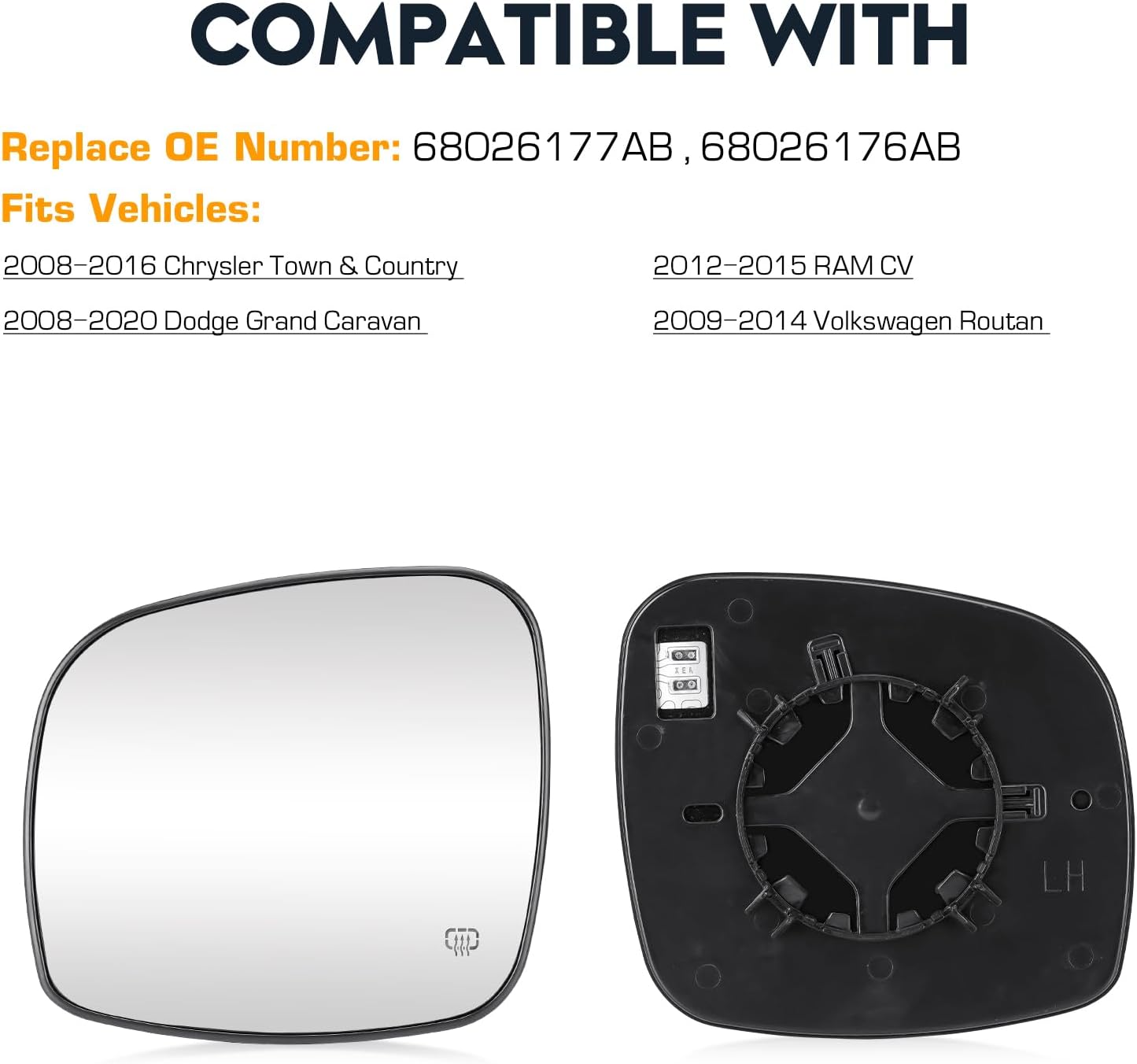 Espejo lateral izquierdo del conductor con calefacción para Dodge Grand Caravan 2008-2020, para Chrysler Town & Country 2008-2016, para RAM CV