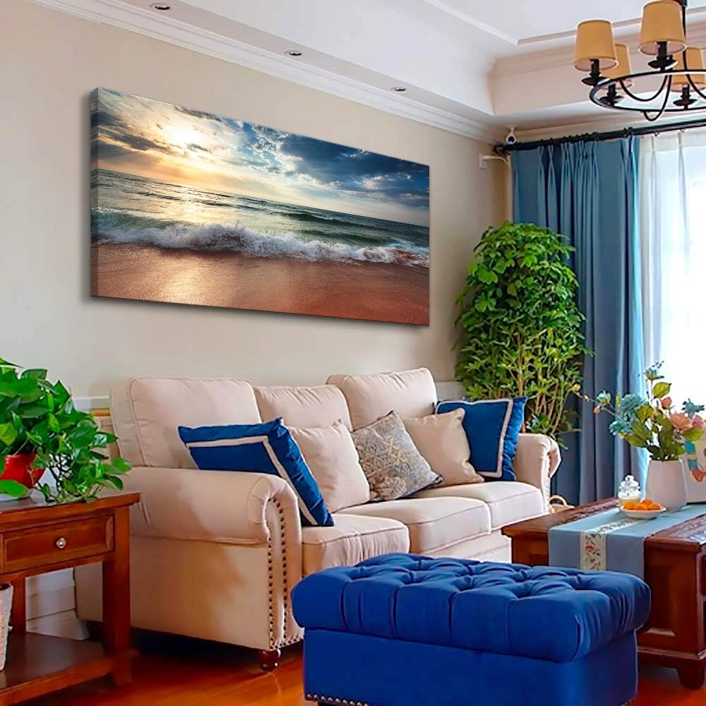 Lienzo de playa para pared de sala de estar, dormitorio, decoración del hogar, amanecer azul océano, mar, playa, cuadros artísticos, decoración