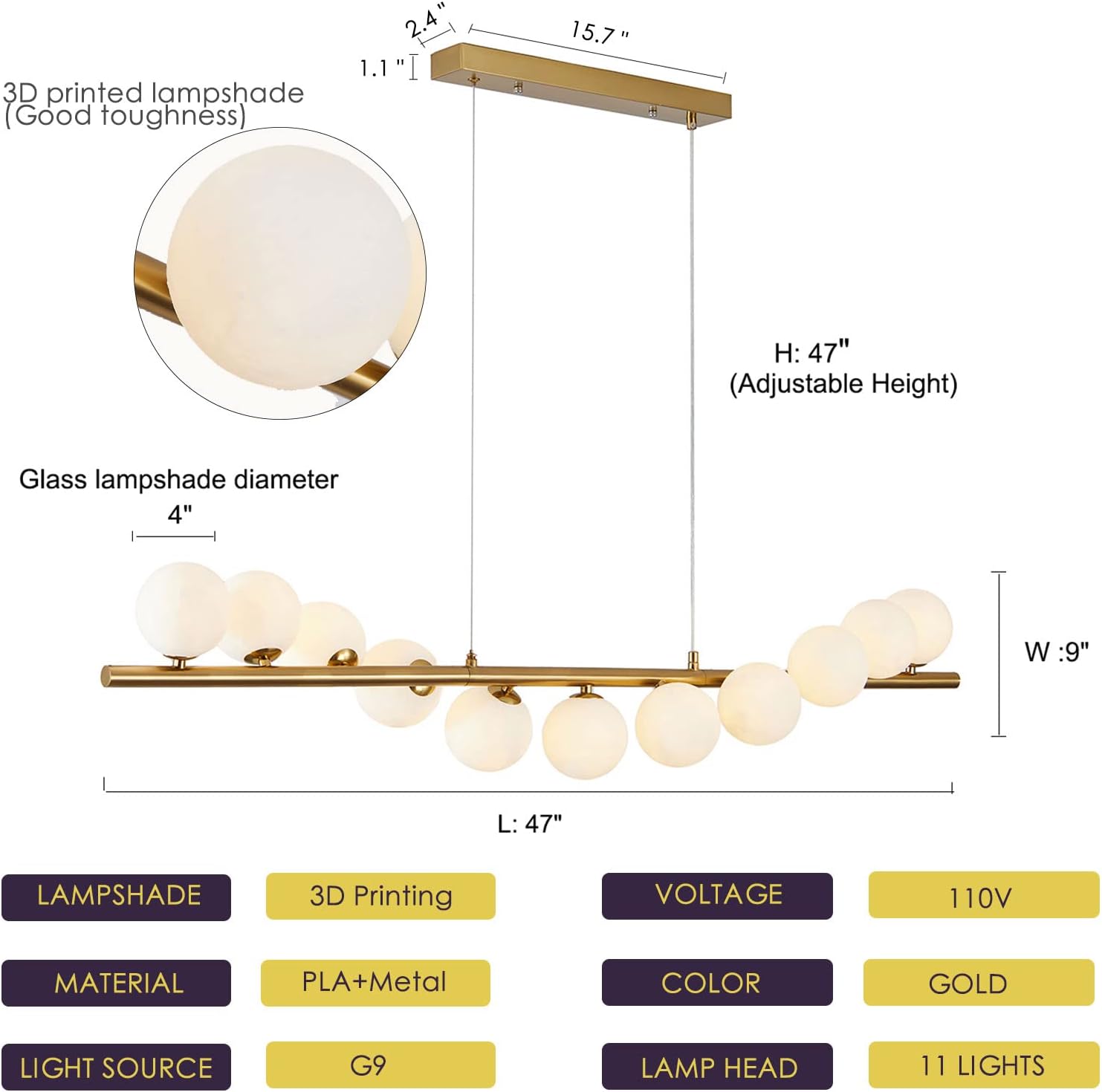 Lámpara de araña moderna de mediados de siglo para comedor, de color dorado, lámpara de burbujas sobre mesa, 11 luces, lámpara colgante lineal para