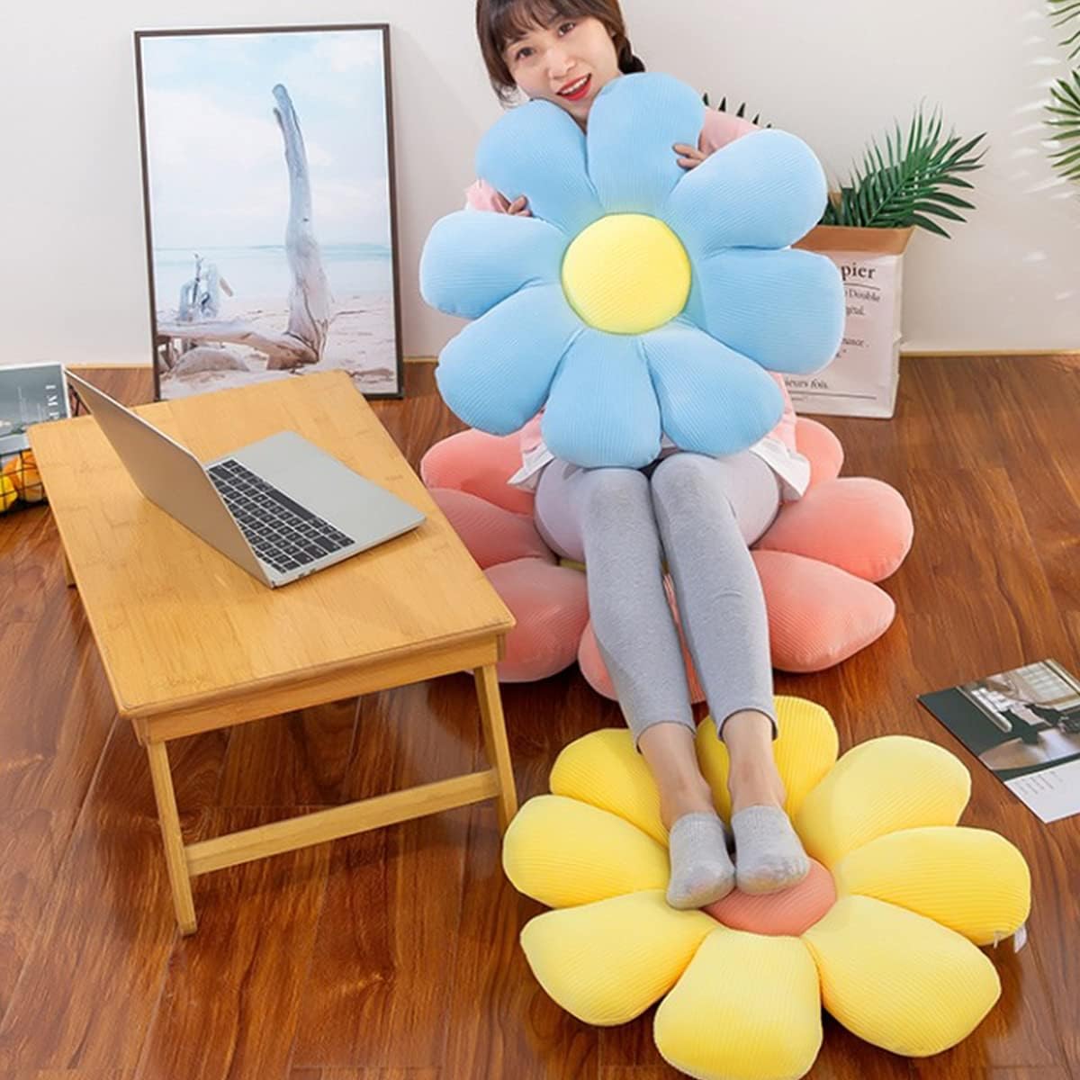 Cojín de asiento de flor de margarita, almohada de lectura de flores suaves, cojín de felpa para respaldo de silla, decoración para niñas (azul,