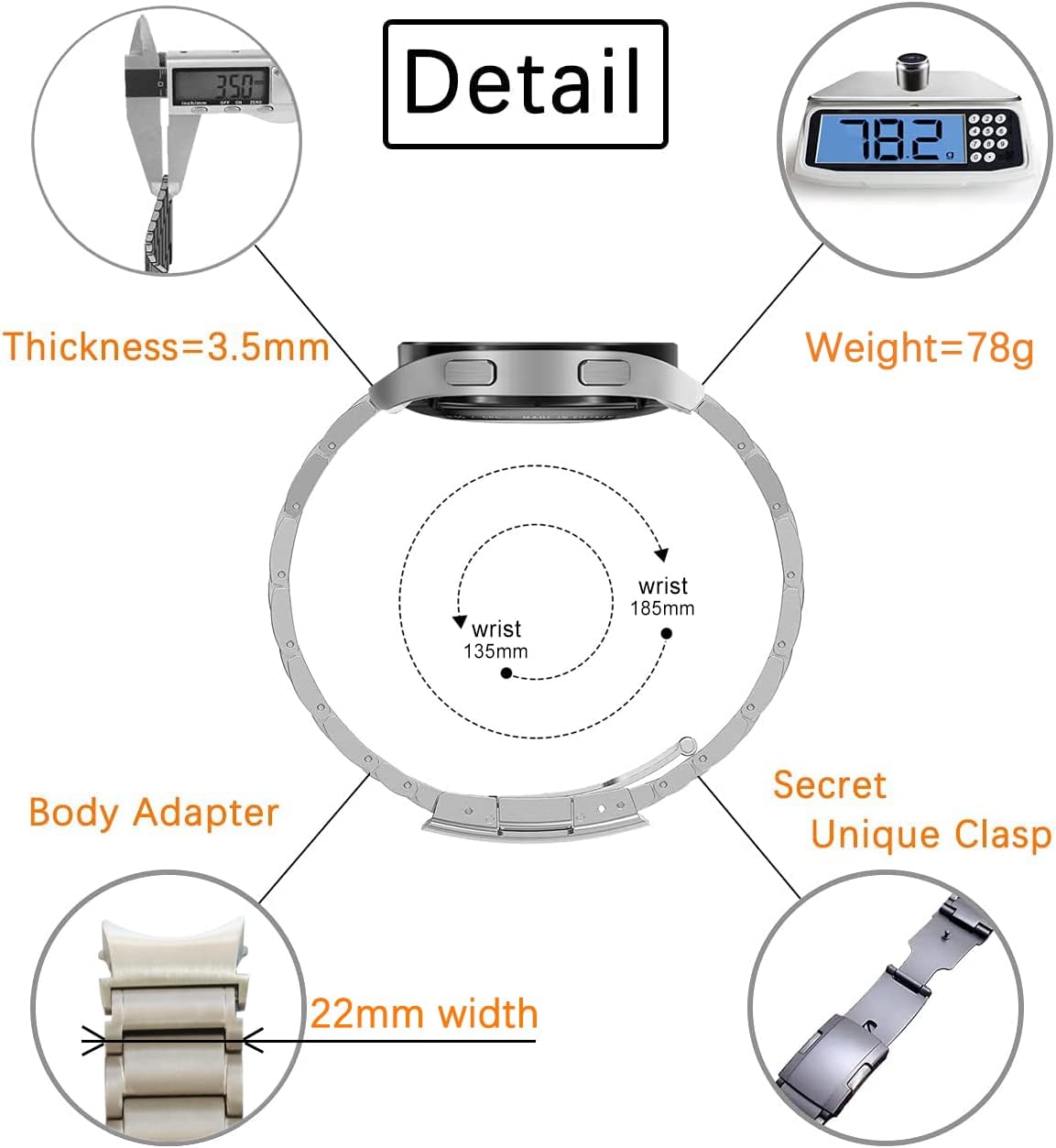 MaKTech Titanium Band for Samsung Galaxy Watch 654,No Gap Metal Bracelet Strap with Tortoise Buckle,for Galaxy Watch 6-43474044mm,Galaxy Watch
