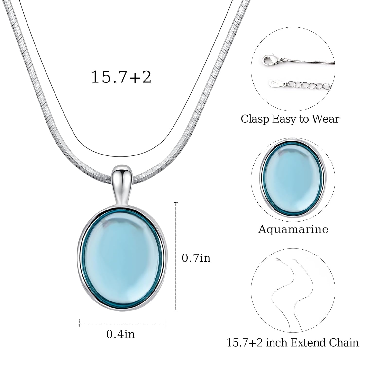 925 Sterling Silver Aquamarine Necklace Oval Blue Pendant Necklace March Birthstone Necklace for Women Handmade Aquamarine Jewelry for Gift