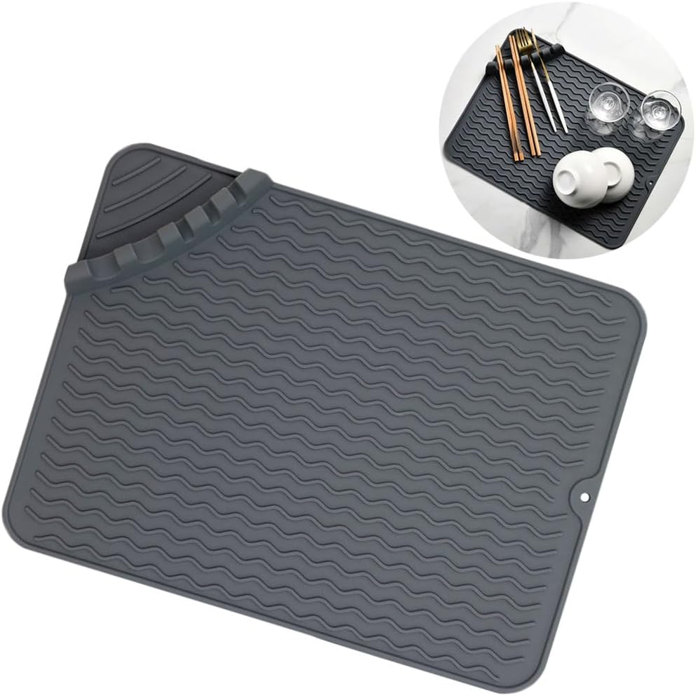 Alfombrillas de silicona para secar platos con soporte para utensilios, tapete de secado de platos resistente al calor para encimera de cocina,