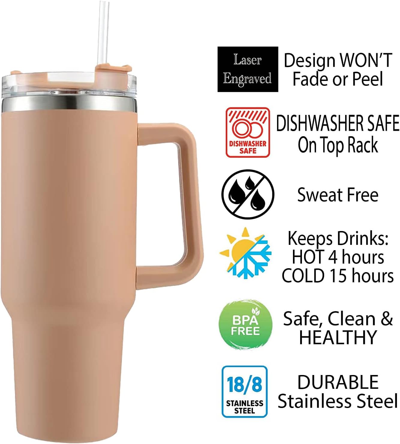 Vaso personalizado de 40 onzas con asa y tapa, vaso de nombre y texto grabado personalizado, doble pared al vacío de acero inoxidable 188, regalos