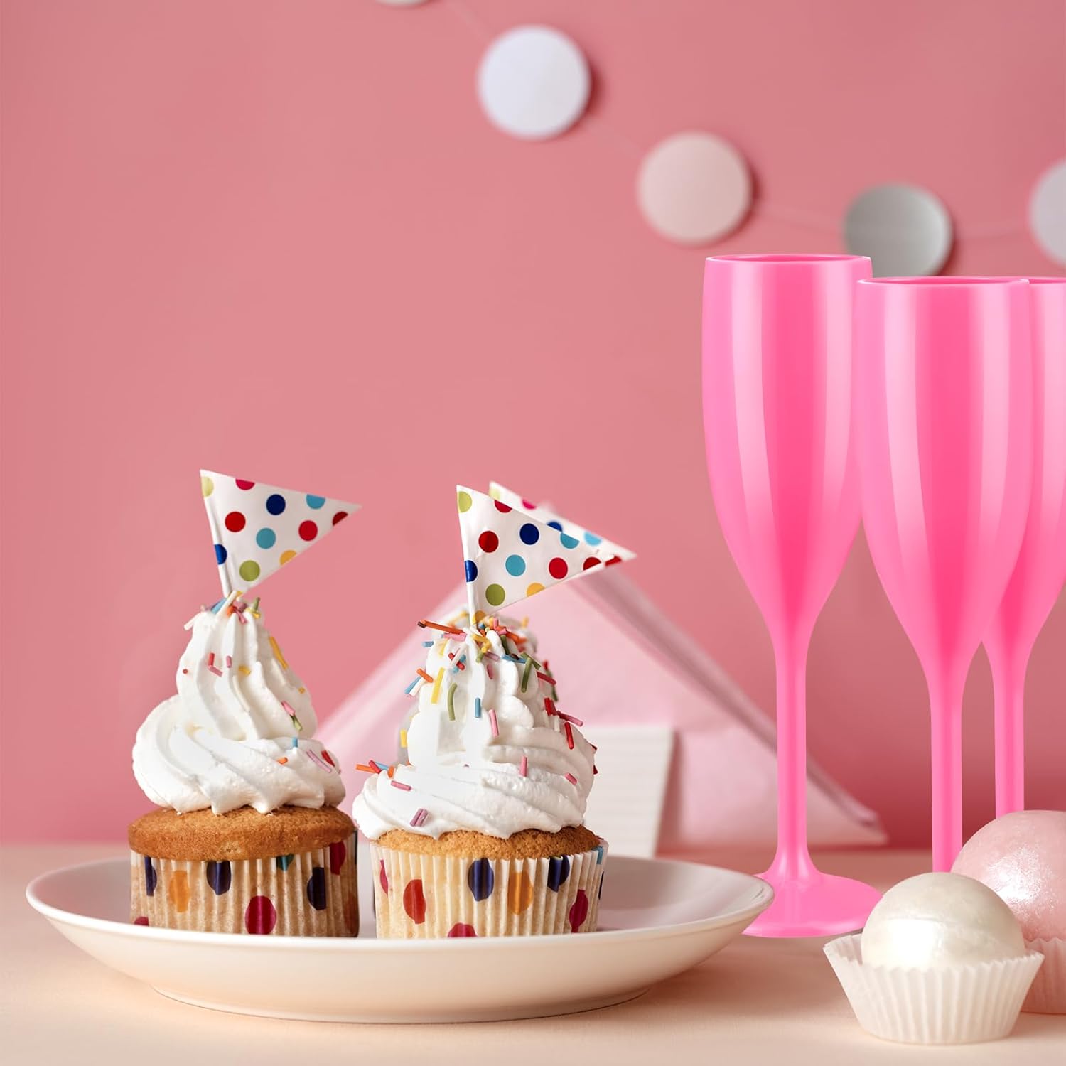 Paquete de 12 copas de champán rosa, copas de plástico de tallo largo de plástico, copas de champán irrompibles y reutilizables para despedidas de