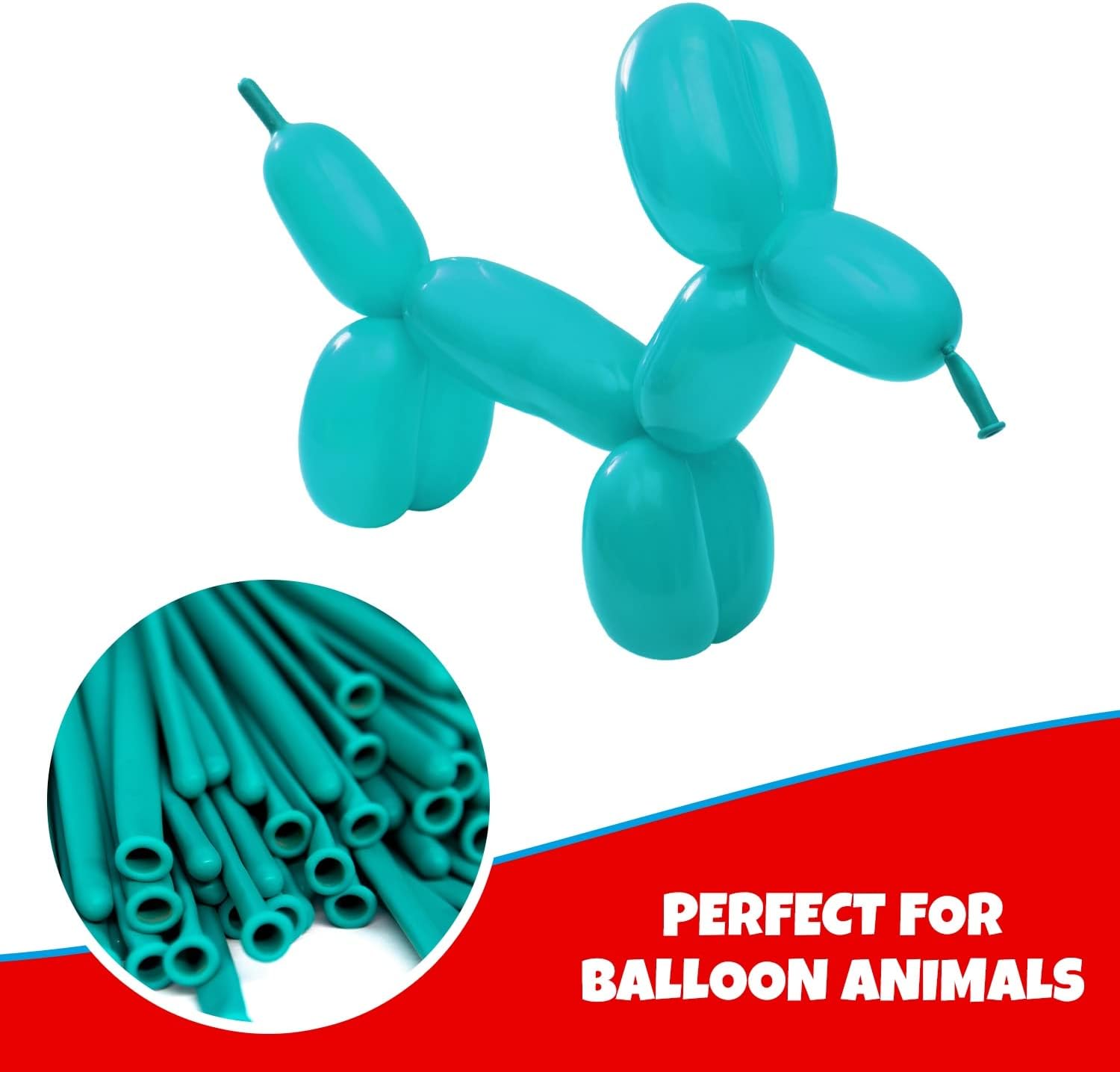 Clownatex 260 globos largos de color verde azulado (100 piezas) para animales de globo, modelado de forma de animal de látex, globos mágicos largos
