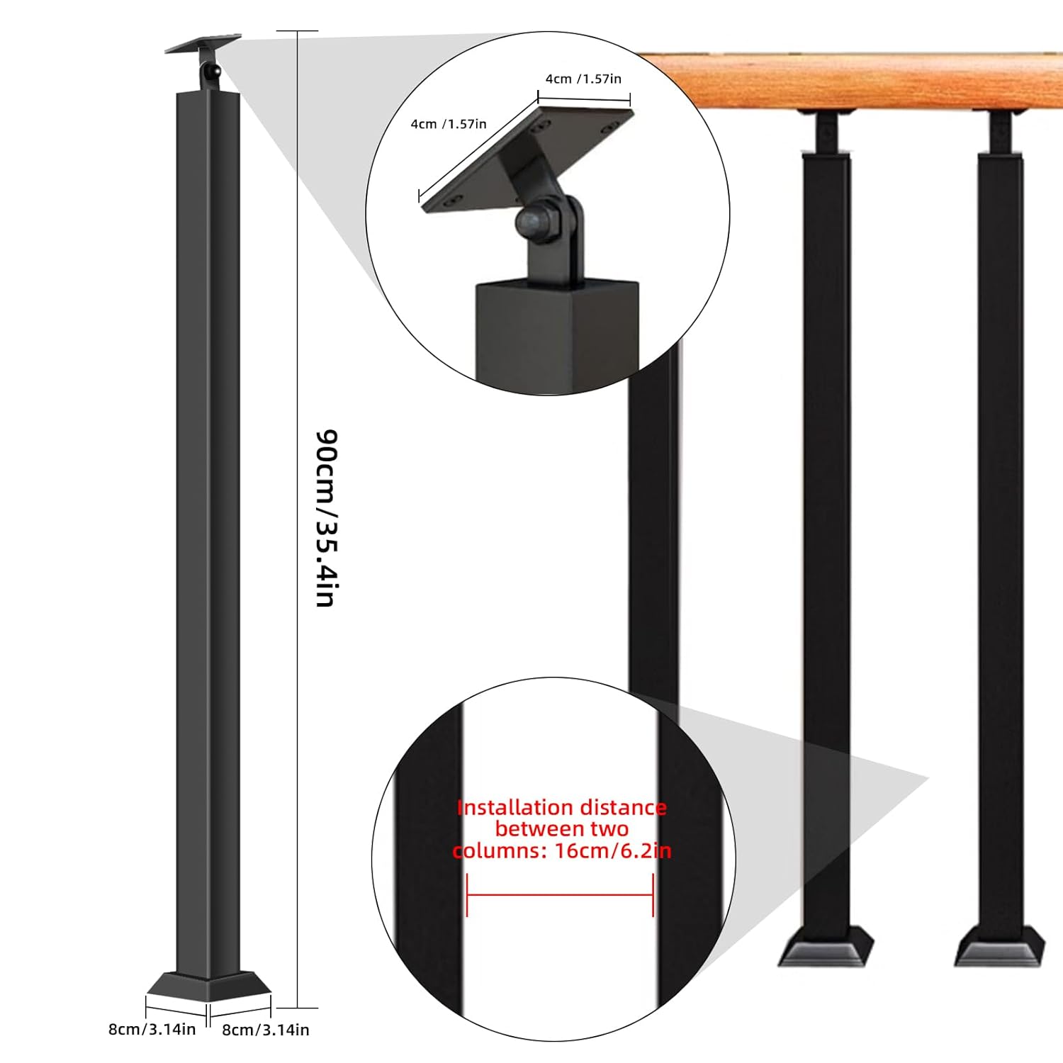 Postes cuadrados de balaustre de escalera, ejes de barandilla de metal ajustables de 270 con base de soporte plano y kits de tornillos los postes de