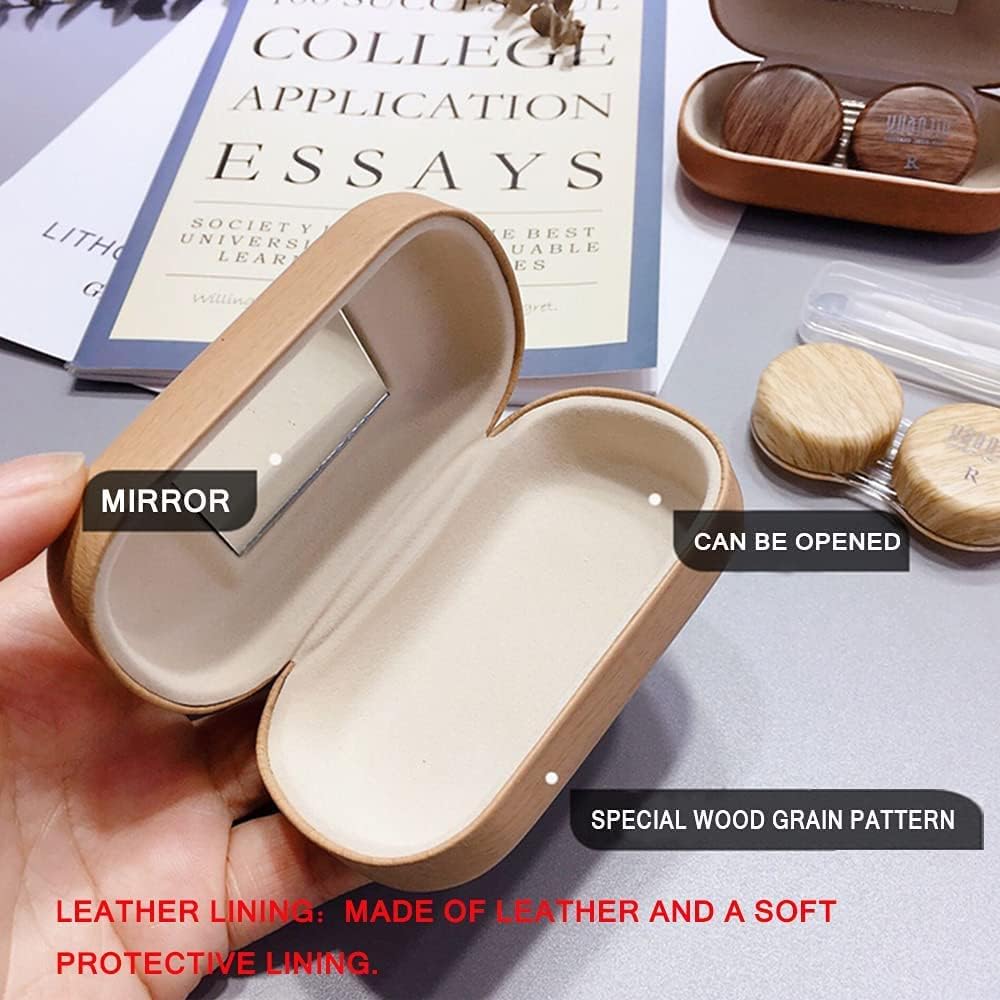 Estuche para lentes de contacto de grano de madera, estuche compacto de contacto ocular para viajes, caja de contacto portátil con espejo