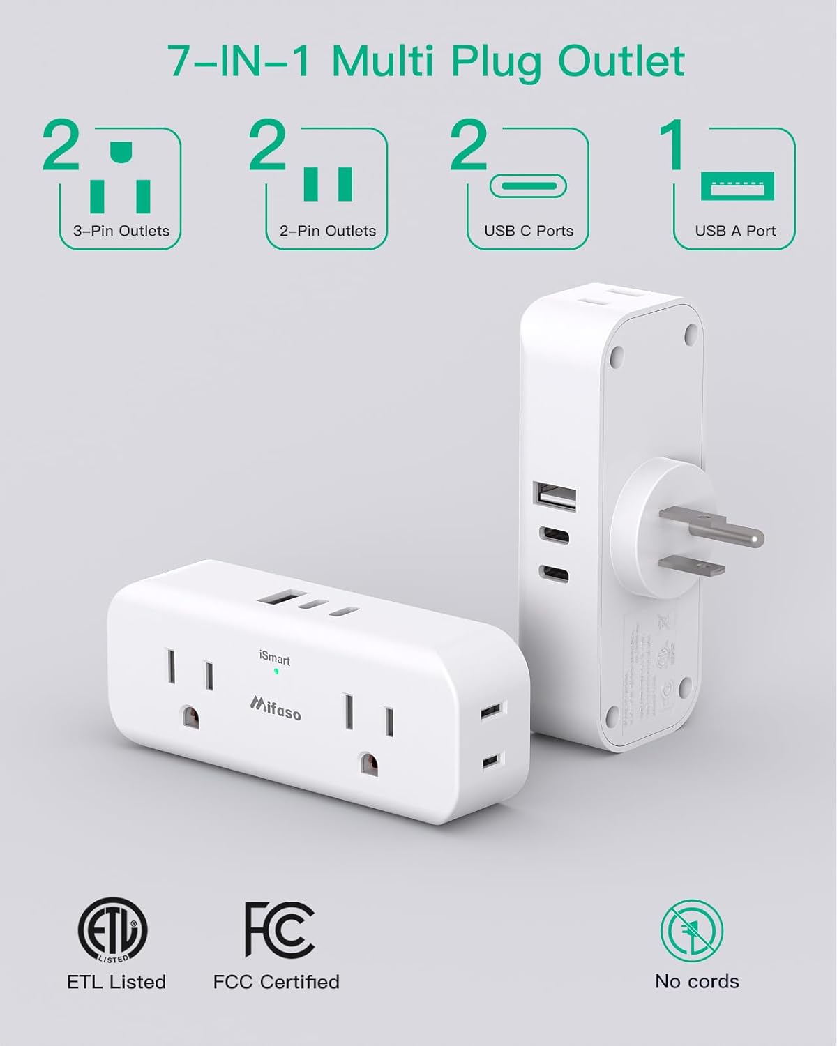 Extensor de tomacorriente, extensión de 4 salidas con 1 cargador de pared USB-A 2 USB-C, divisor de salida de enchufe múltiple, expansor de salida
