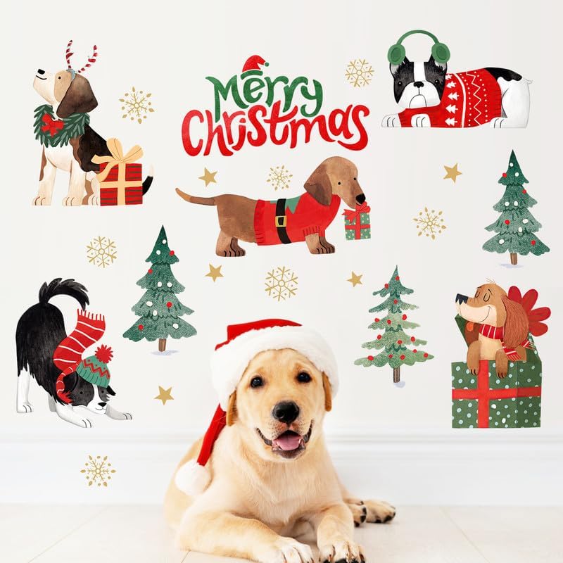Yovkky Calcomanías de pared de perro de Feliz Navidad, árbol de Navidad, Golden Retriever cachorro 2024, regalo de Año Nuevo, decoración del hogar,