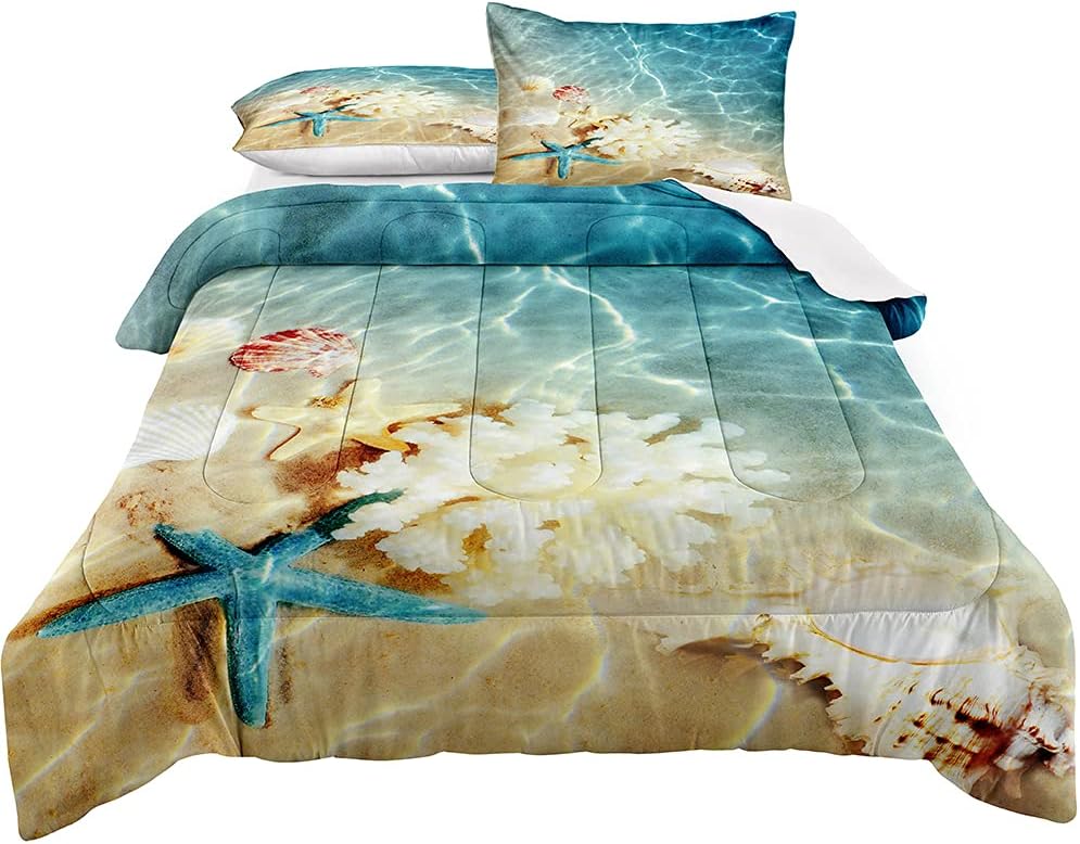 lris Bedding Juego de edredón de playa oceánica, juego de ropa de cama de moda verde azulado, patrón costero de naturaleza, juego de edredón de