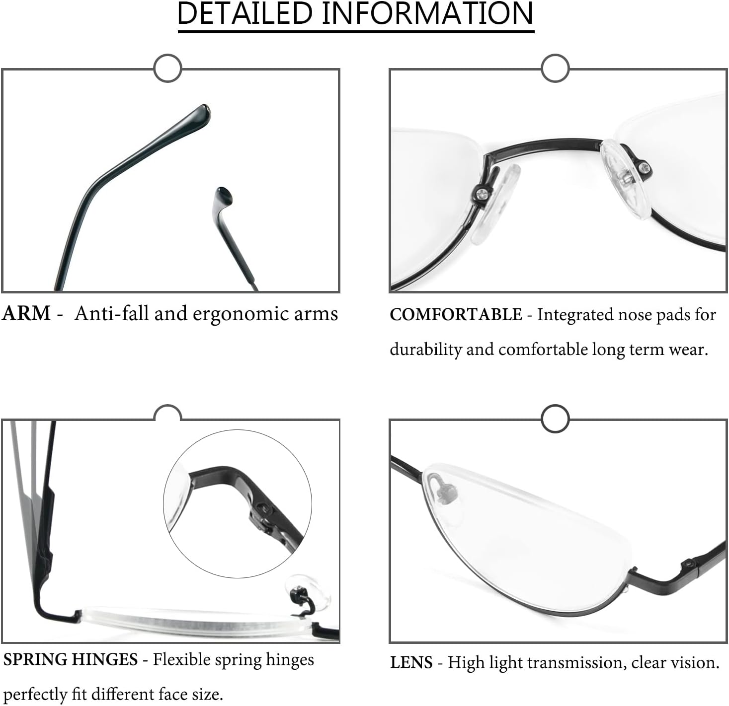 REAVEE Paquete de 2 lentes de lectura de media lente para hombres y mujeres, bisagra de resorte, lentes de lectura de medio marco de metal, lentes