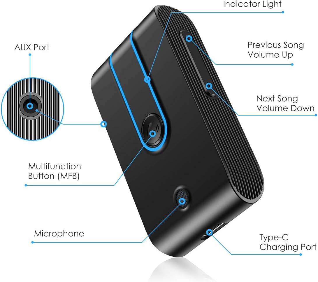 Adaptador auxiliar Bluetooth 5.0 para automóvil, receptor Bluetooth para cancelación de ruido del automóvil, compatible con conexión de dispositivo