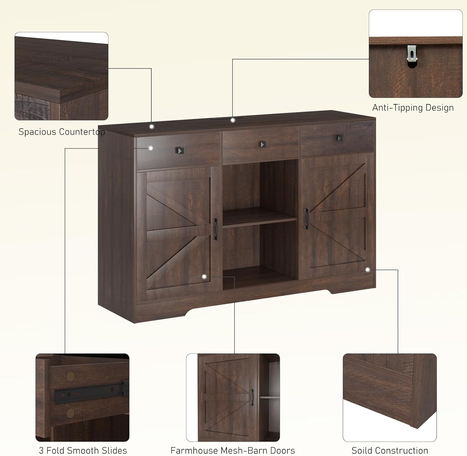 Armario de bar de café de granja, gabinete de almacenamiento de buffet de cocina de 54 pulgadas con puertas y cajones, aparador de granja, mesa de