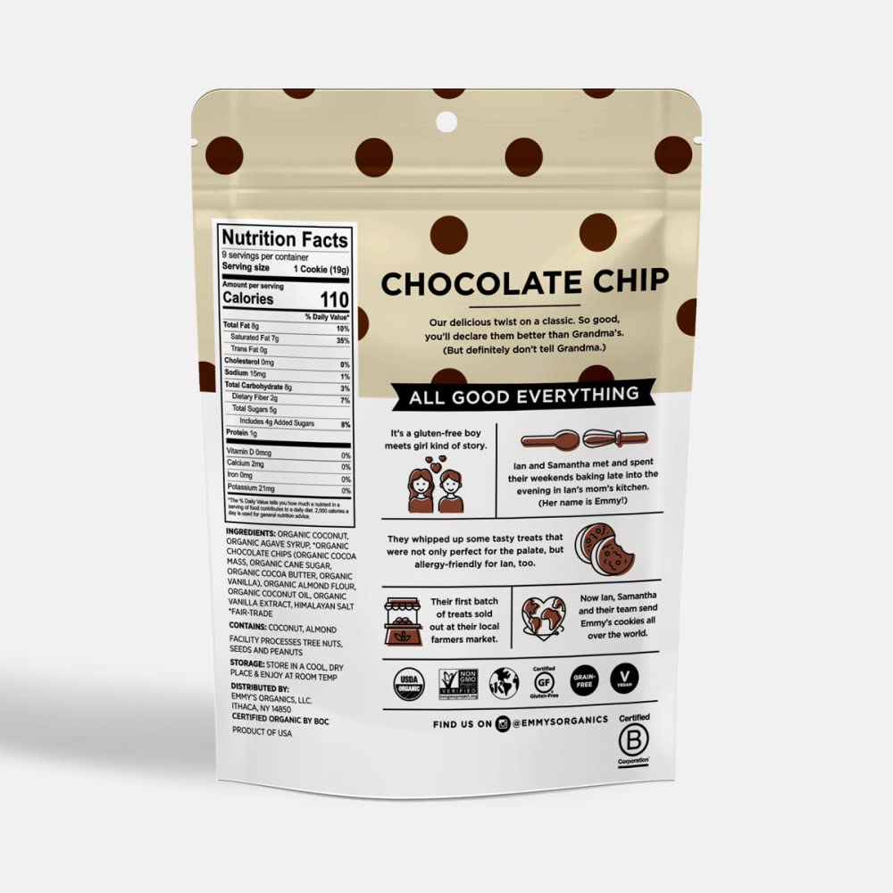 Emmy’s Organics Galletas de coco con chispas de chocolate (paquete de 8), sin gluten, orgánicas, veganas, aptas para paleo