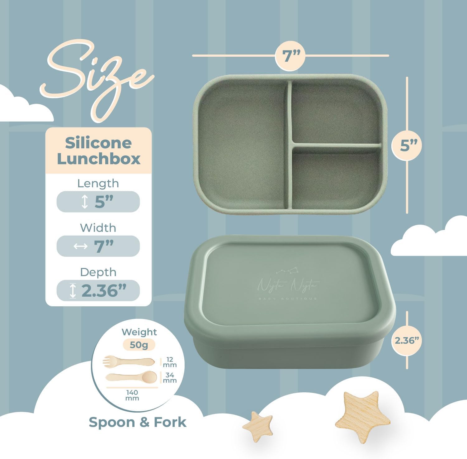 Nyte Nyte Baby Green Kids Bento Box – Lonchera 100% silicona de grado alimenticio para adultos y niños pequeños, con 3 compartimentos, apta para