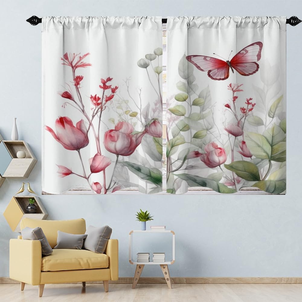 Cortinas de cocina con diseño de flores y mariposas florales, con bolsillo para barra, cortina pequeña para cafetería, juego de 2 paneles de 27.5