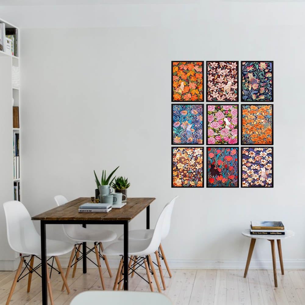 AKBOK 9 pósteres de gatos y flores, arte botánico de gato, carteles de naturaleza, arte para decoración del hogar, amantes de los gatos, entusiastas