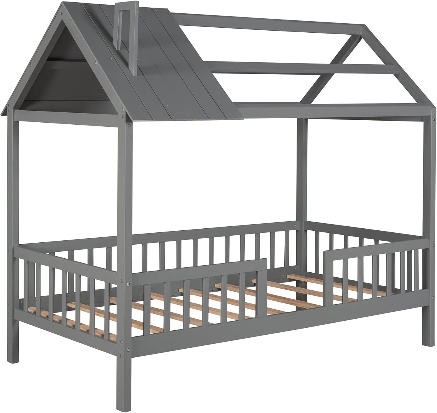 SOFTSEA Cama de casa individual con valla para niños y niñas, marco de cama de madera, muebles de dormitorio, gris