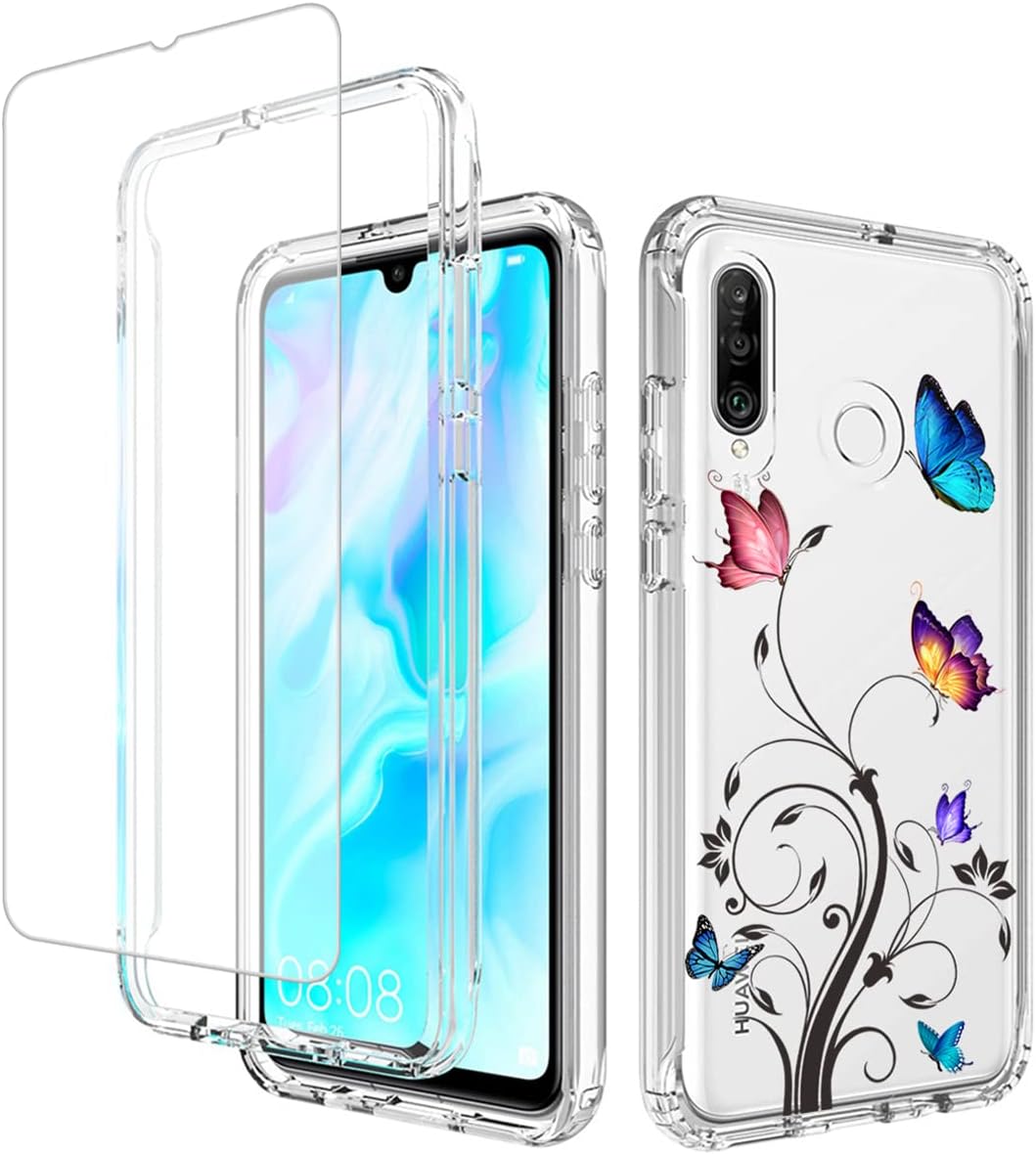 Vavies Funda para Huawei P30 LiteNova 4E MAR-LX3A con protector de pantalla de vidrio templado, cuerpo completo, transparente, flexible, con diseño