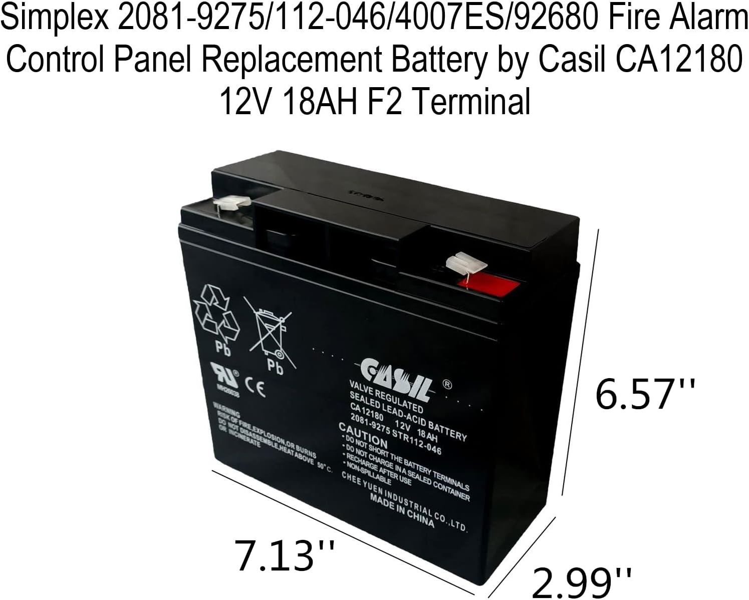Casil Batería de repuesto de terminal F2 de 12 V 18 Ah compatible con panel de control de alarma de incendio Simplex 112-046, paquete de 2