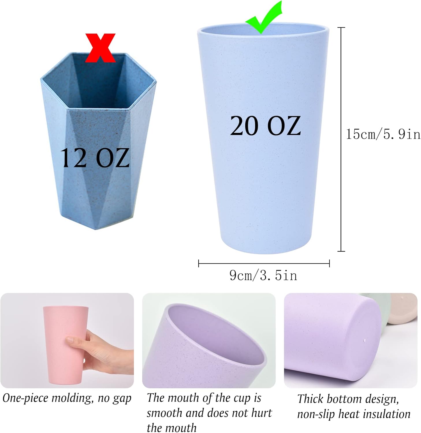 JIABEIUS Vasos de plástico reutilizables de 20 onzas, juego de 5 tazas de paja de trigo multicolor para cocina, oficina, viajes, vasos para beber y