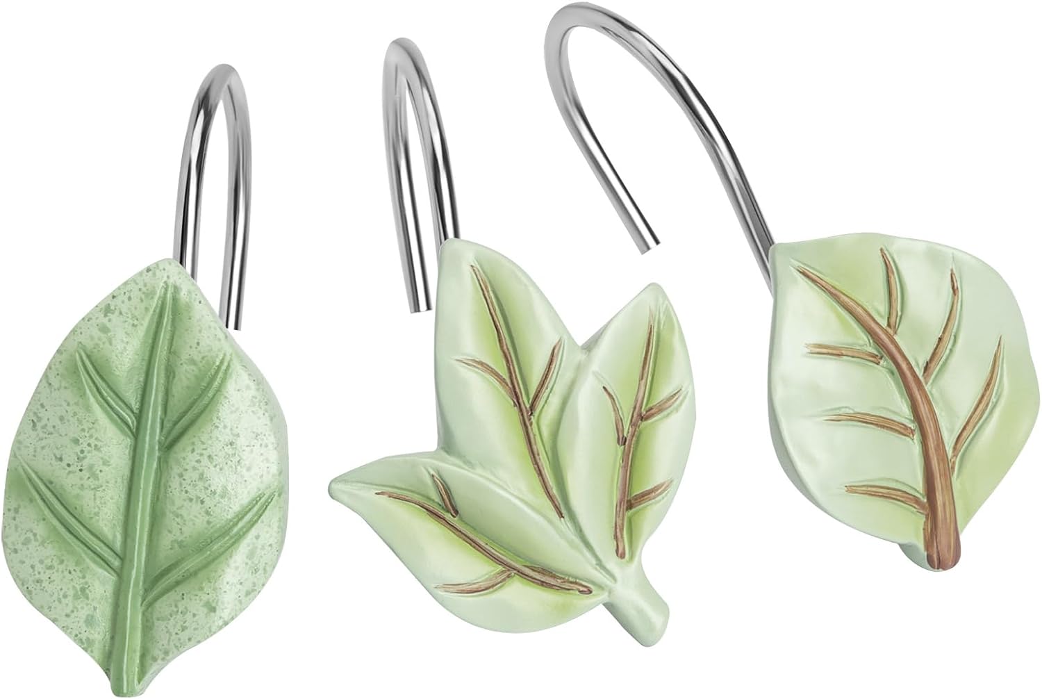 Gibelle Ganchos decorativos para cortina de ducha, 12 piezas de hojas de plantas verdes, ganchos decorativos de metal a prueba de óxido, bonitos