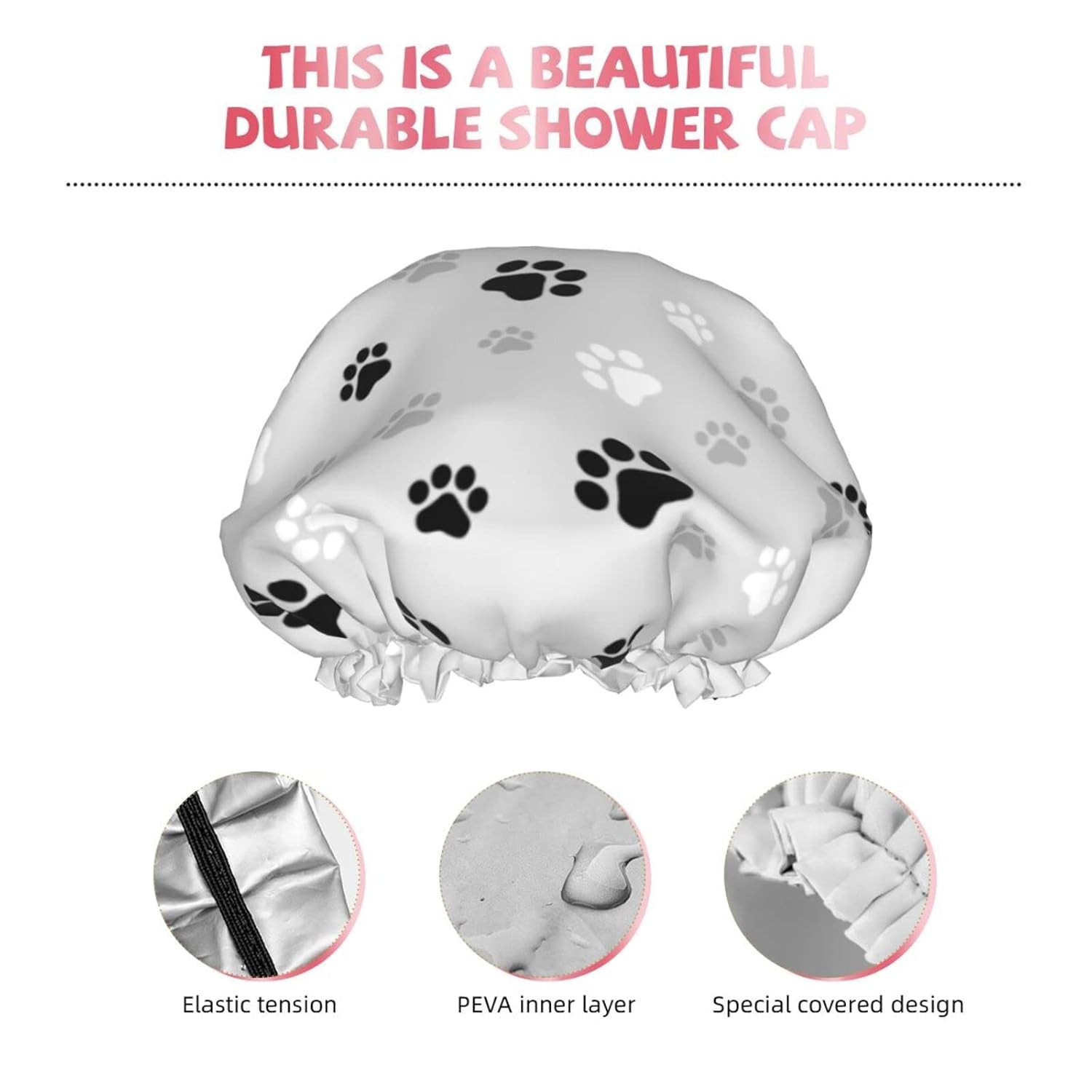 Gorro de ducha reutilizable con estampado de patas de perro para mujer, pelo largo, doble capa impermeable, gorro de ducha para niños, niñas y