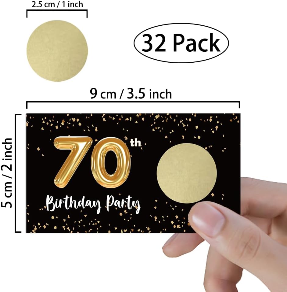 REWIDPARTY Tarjetas de juego para raspar para fiesta de 70 cumpleaños para adultos (32 piezas) en negro y dorado para 70 cumpleaños, suministros
