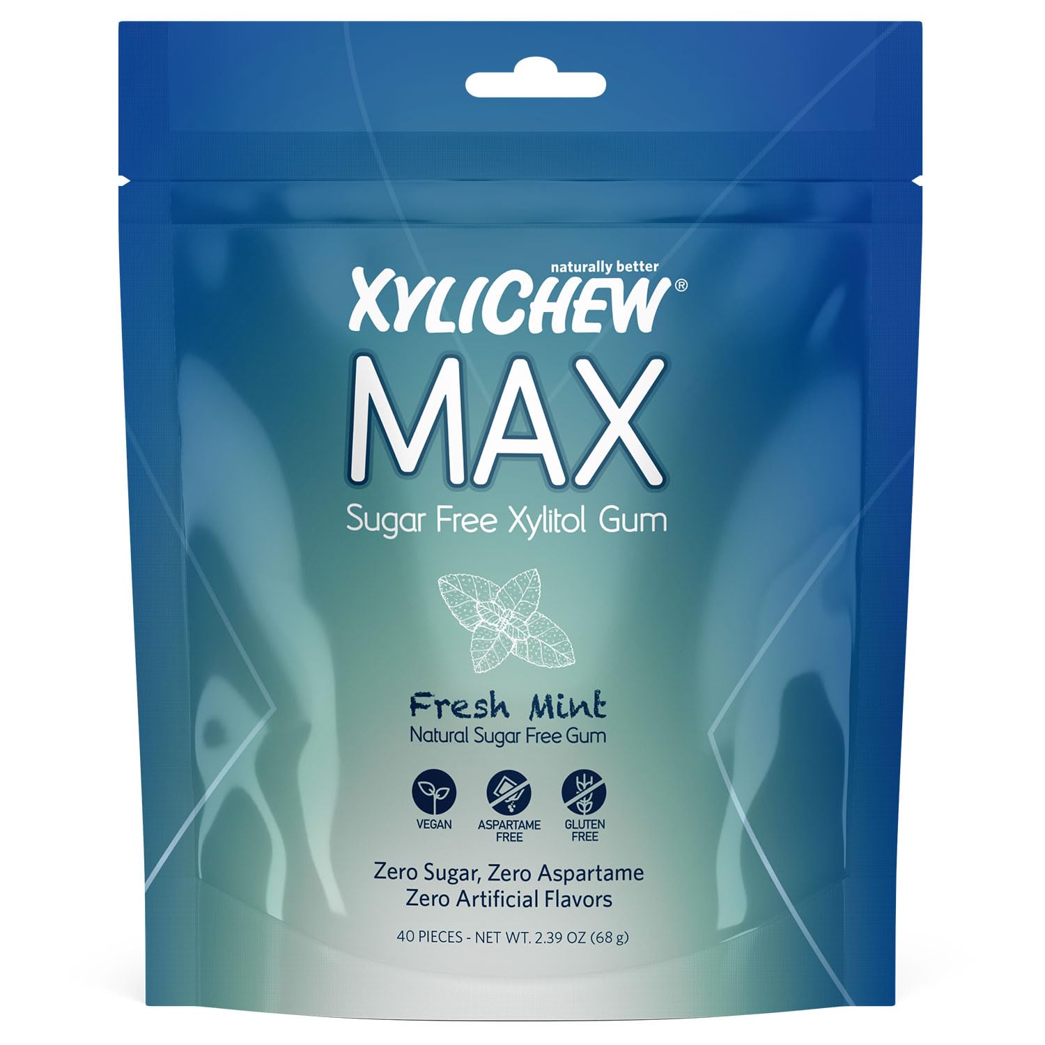 Xylichew MAX – Goma de mascar con xilitol, sin OMG, sin aspartamo, sin gluten, sin azúcar, con stevia y fruta del monje, cuidado bucal natural,