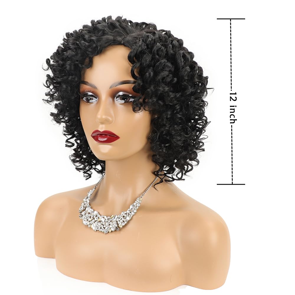 XIUFAXIRUSI XIUFAXIRUSI Pelucas negras cortas y rizadas para mujeres negras, peluca afro rizada con flequillo lateral, peluca de pelo completo