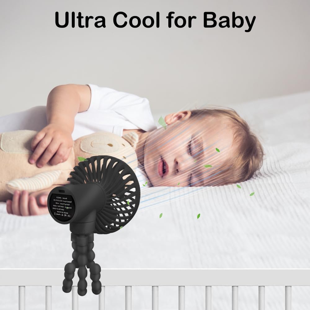 Stroller Fan, 3 Speed Adjustable Portable Fan, USB Rechargeable Battery Powered, Handheld Fan with Flexible Tripod, Suitable for Cribs and