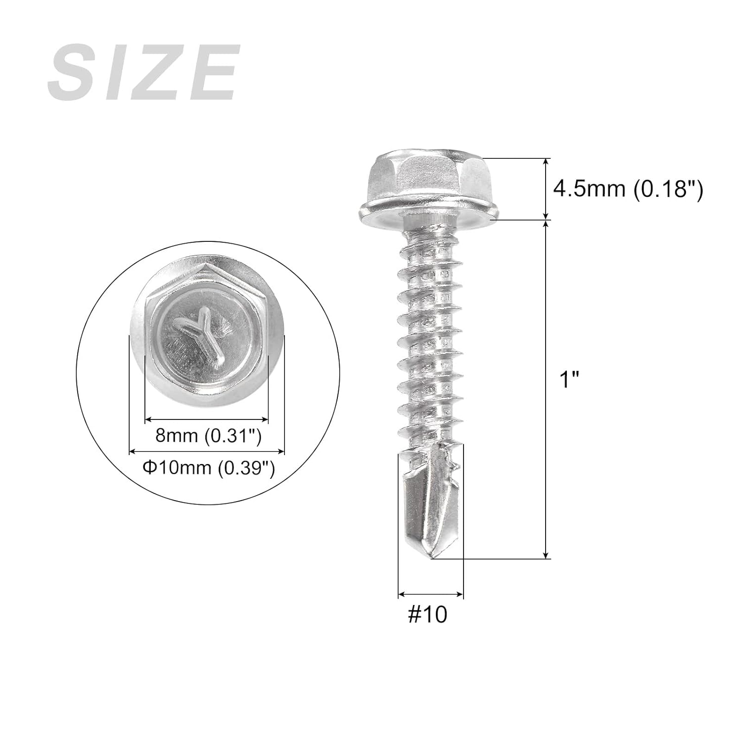 Tornillos autoperforantes para arandelas hexagonales (#10 x 1 pulgadas), 50 piezas, tornillo de rosca de acero inoxidable 410, para construcción y