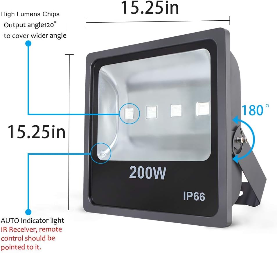 Luces de inundación LED RGB de 200 W, luz de seguridad LED que cambia de color al aire libre con control remoto IR, luces de arandela de pared