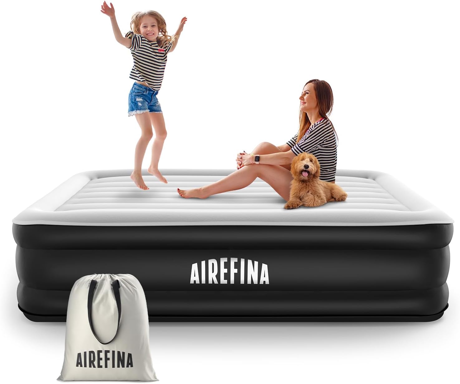 Airefina Colchón de aire de tamaño matrimonial de 18 pulgadas con bomba integrada, colchón inflable con autoinflado, duradero, portátil y flocado,