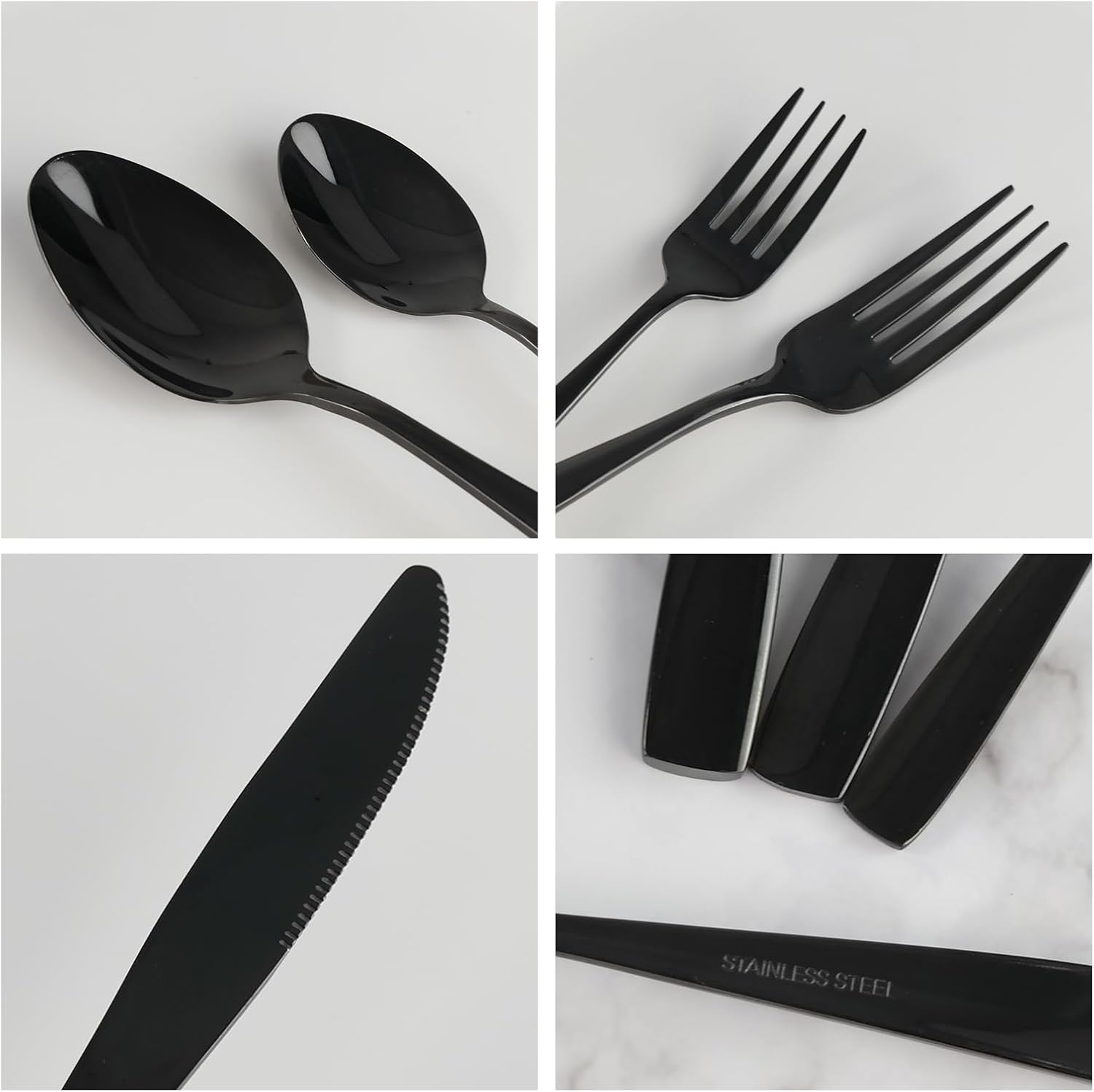 Juego de cubiertos negros de acero inoxidable, 60 piezas para 12