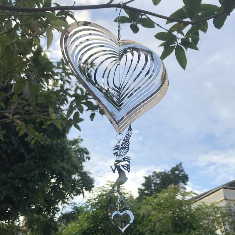 HZSprance Molinillo de viento de acero inoxidable, diseño de corazón de amor en 3D, impresionante efecto 3D, decoración de ángel colgante para