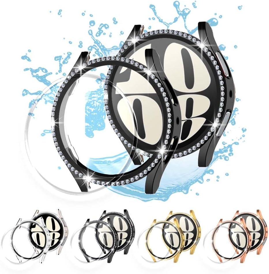 Paquete de 4 + 4 fundas brillantes para Samsung Galaxy Watch 6 y protector de pantalla de 1.575 pulgadas1.732 pulgadas, vidrio templado antivaho y