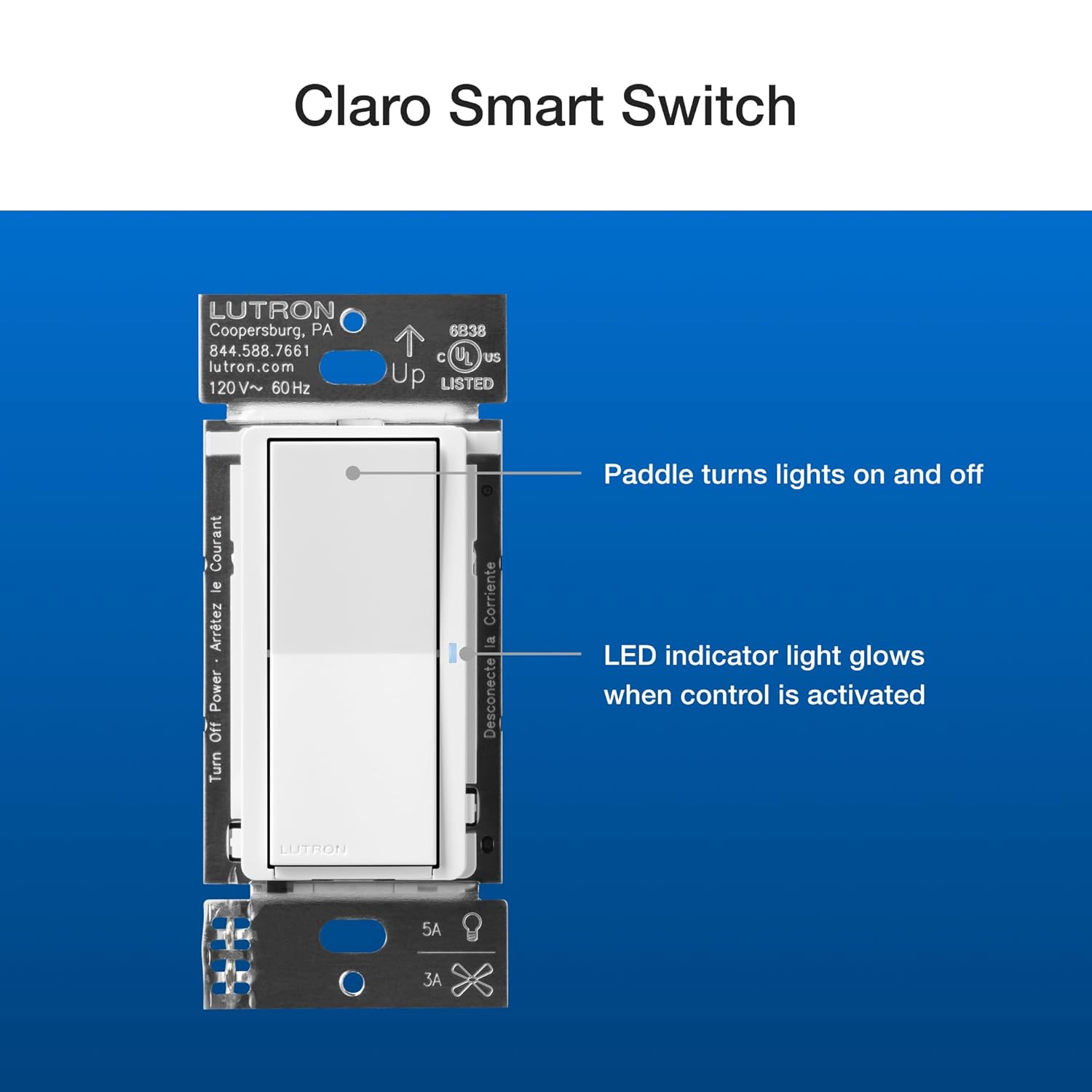 Lutron Claro – Kit de interruptor inteligente de 3 vías con control remoto Pico Paddle y etiquetas adhesivas de alambre, funciona con Alexa, Apple