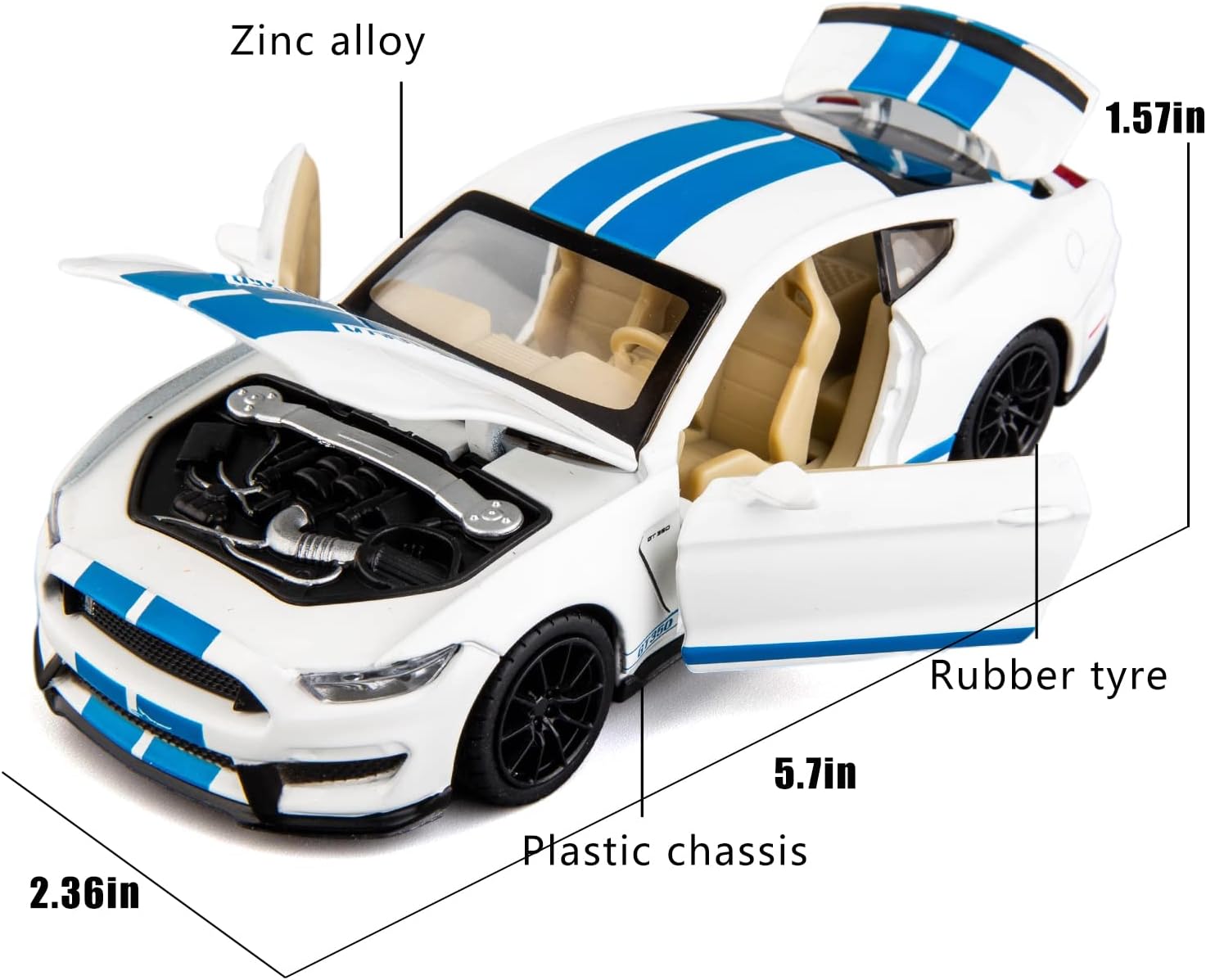 WAKAKAC 132 Modelo de coche fundido a troquel Shelby GT350 vehículo de juguete tire hacia atrás coche de juguete con sonido y luz para niños niñas